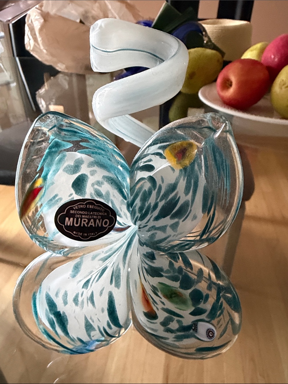 Murano Teal White Swirl Glass Butterfly Accent